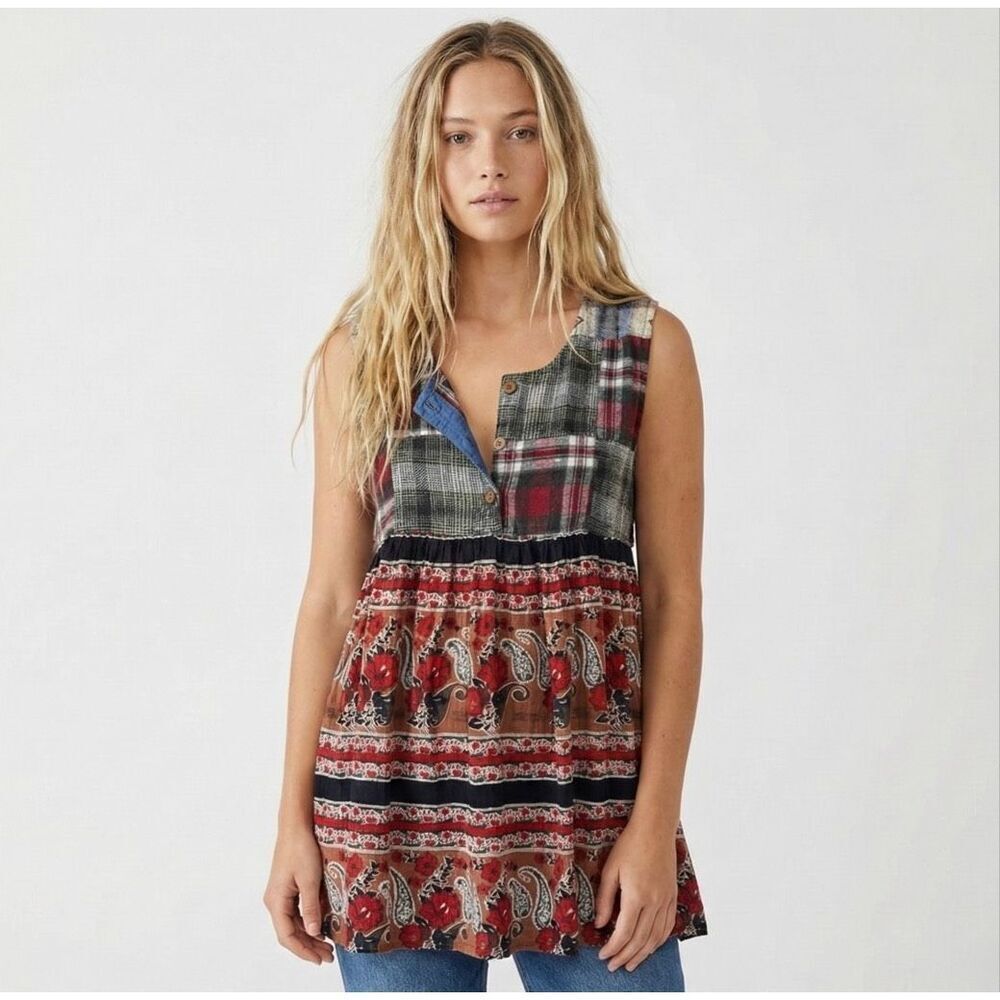 Vintage Tangibles Patchwork Flannel Tunic Top Small Boho Plaid Western Hippie